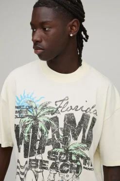 T-shirt Écru Oversize Coupe Boxy Imprimé Miami Ourlet Brut