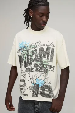 T-shirt Écru Oversize Coupe Boxy Imprimé Miami Ourlet Brut