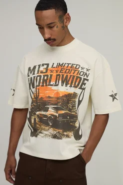 T-shirt Écru Oversize Coupe Boxy Imprimé Moto Western Ourlet Brut