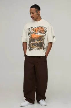 T-shirt Écru Oversize Coupe Boxy Imprimé Moto Western Ourlet Brut