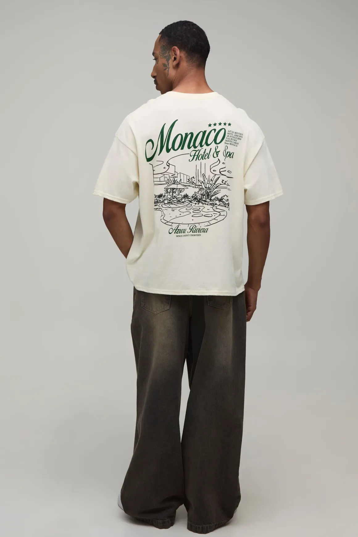 T-shirt Écru Oversize Coupe Boxy Imprimé Monaco Hotel