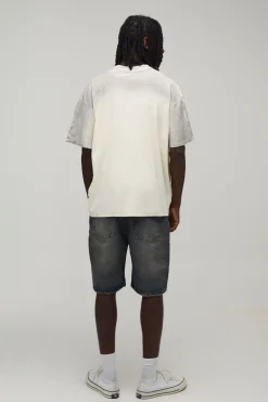 T-shirt Écru Oversize Coupe Boxy Coutures Apparentes Imprimé Tonal Effet Spray Délavé