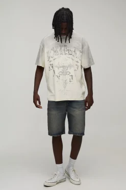 T-shirt Écru Oversize Coupe Boxy Coutures Apparentes Imprimé Tonal Effet Spray Délavé