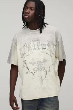 T-shirt Écru Oversize Coupe Boxy Coutures Apparentes Imprimé Tonal Effet Spray Délavé