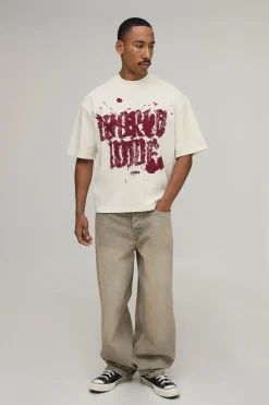 boohooMAN T-shirt Écru Oversize Coupe Boxy Imprimé Graffiti Worldwide<Homme T-Shirts Impriméstendances|T-Shirts