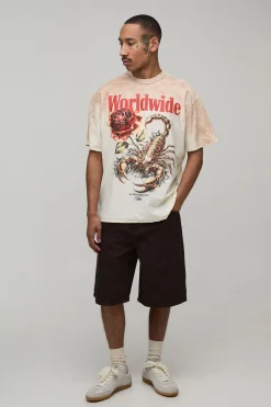 boohooMAN T-shirt Écru Oversize À Coutures Apparentes Avec Motif Scorpion Effet Délavage Spray<Homme T-Shirts Impriméstendances|T-Shirts