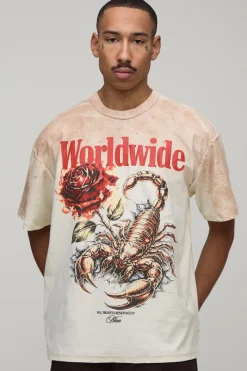 boohooMAN T-shirt Écru Oversize À Coutures Apparentes Avec Motif Scorpion Effet Délavage Spray<Homme T-Shirts Impriméstendances|T-Shirts