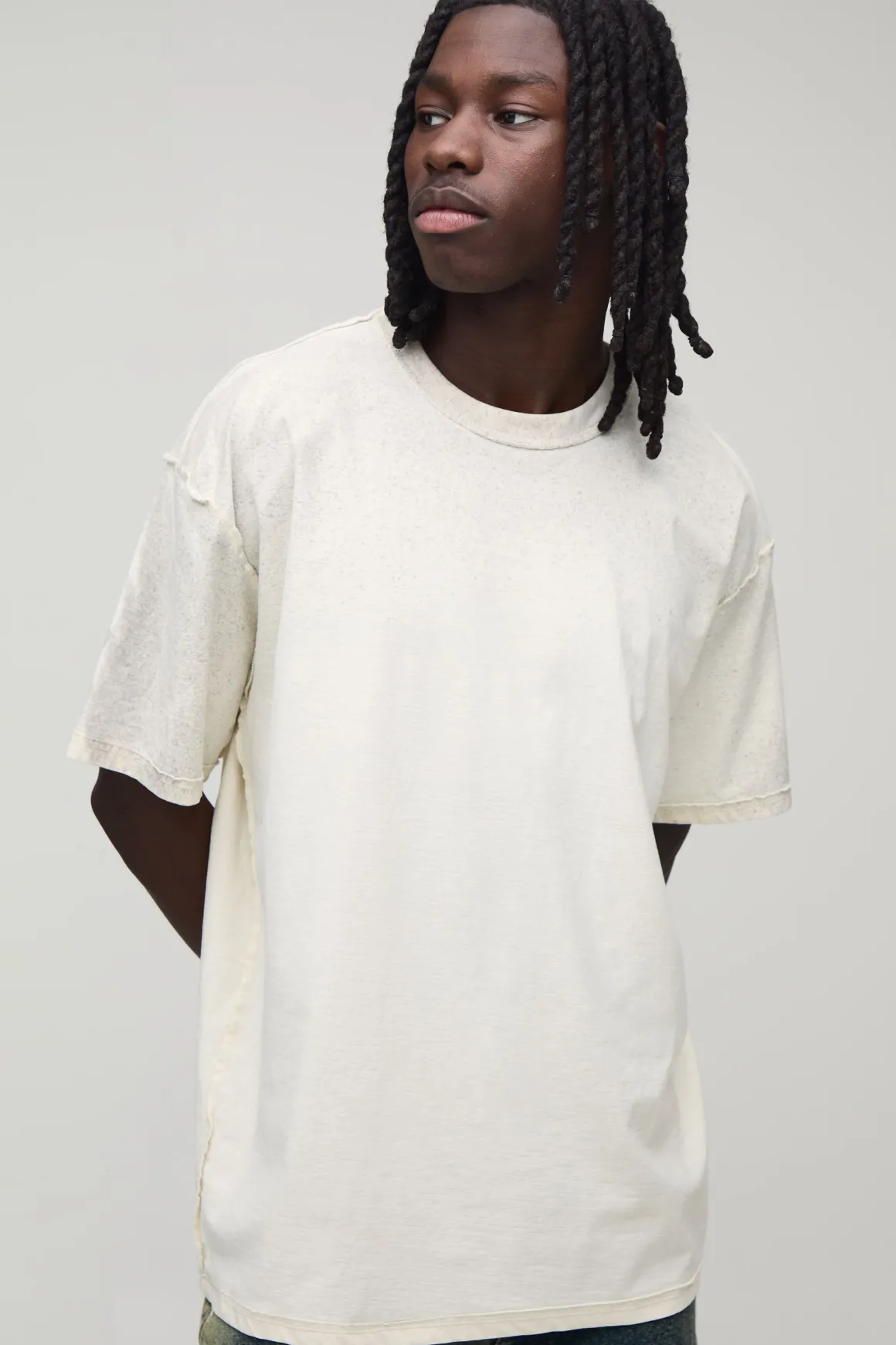 T-shirt Écru Oversize À Coutures Apparentes Imprimé Effet Spray Délavé