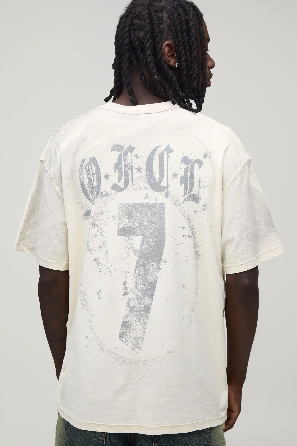 T-shirt Écru Oversize À Coutures Apparentes Imprimé Effet Spray Délavé