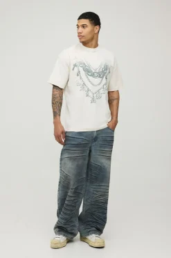 boohooMAN T-shirt Écru Oversize À Coutures Apparentes Et Motif Chaîne Graphique<Homme T-Shirts Impriméstendances|T-Shirts