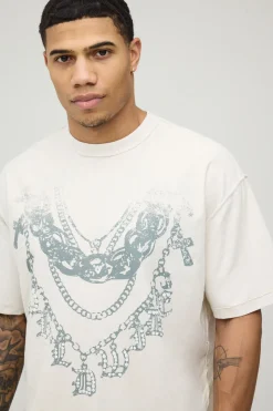 boohooMAN T-shirt Écru Oversize À Coutures Apparentes Et Motif Chaîne Graphique<Homme T-Shirts Impriméstendances|T-Shirts