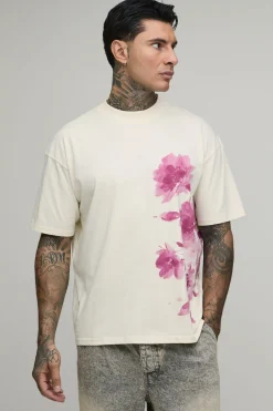 boohooMAN T-shirt Écru Oversize Grande Taille À Imprimé Floral Flou<Homme Tout Afficher|Tenues De Soirée Tall