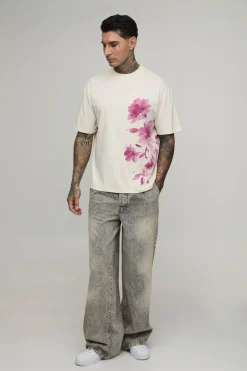boohooMAN T-shirt Écru Oversize Grande Taille À Imprimé Floral Flou<Homme Tout Afficher|Tenues De Soirée Tall