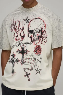T-shirt Écru Oversize Imprimé Doodle Effet Spray Délavé