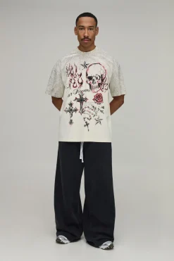 T-shirt Écru Oversize Imprimé Doodle Effet Spray Délavé