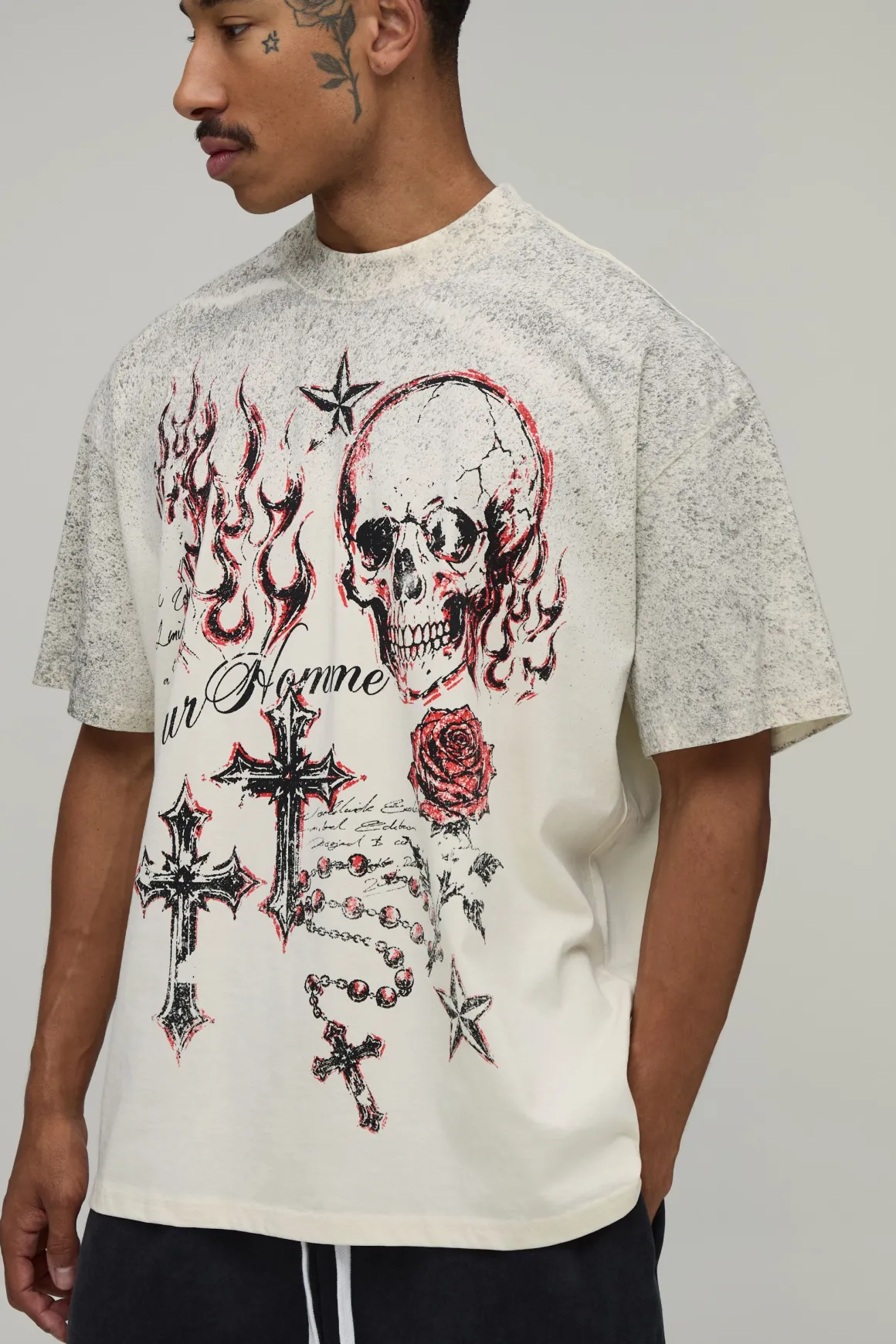 T-shirt Écru Oversize Imprimé Doodle Effet Spray Délavé