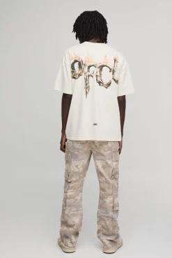 T-shirt Écru Oversize À Imprimé Flammes De Corne Grande Échelle