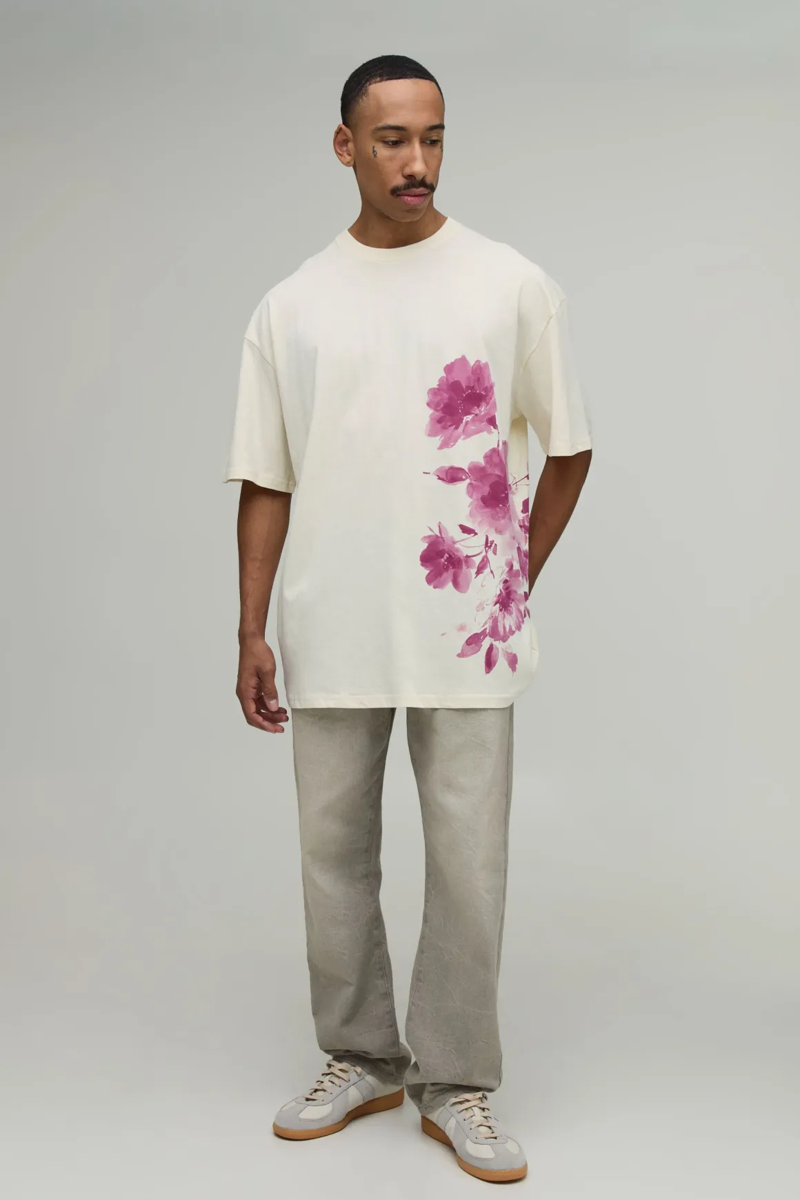 T-shirt Écru Oversize À Imprimé Floral Estompé