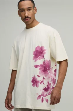 T-shirt Écru Oversize À Imprimé Floral Estompé