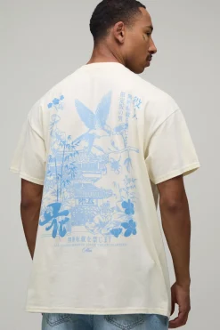 T-shirt Écru Oversize À Imprimé Oiseau Pochoir
