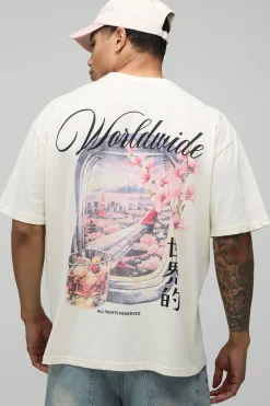 T-shirt Écru Oversize À Imprimé Paysage Fenêtre