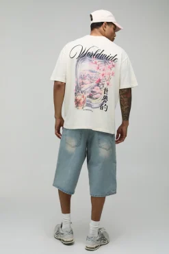 T-shirt Écru Oversize À Imprimé Paysage Fenêtre