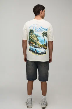 boohooMAN T-shirt Écru Oversize Imprimé Voiture Positano<Homme T-Shirts Impriméstendances|T-Shirts