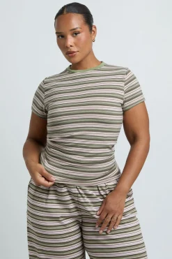 boohoo T-shirt Côtelé Ajusté À Rayures Grande Taille<Femme Tops