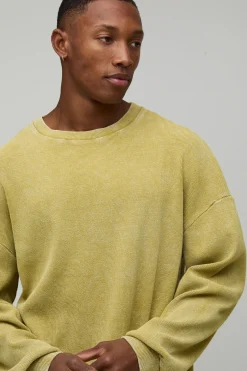 T-Shirt Côtelé Oversize Boxy à Manches Longues Délavé à l'Acide