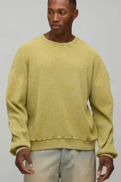 T-Shirt Côtelé Oversize Boxy à Manches Longues Délavé à l'Acide