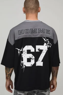 boohooMAN T-shirt De Baseball Oversize Grunge Varsity En Mesh Col V<Homme T-Shirts