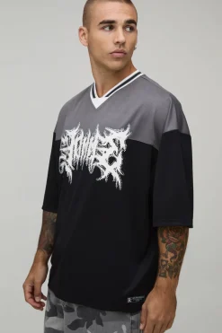 boohooMAN T-shirt De Baseball Oversize Grunge Varsity En Mesh Col V<Homme T-Shirts