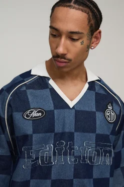 T-Shirt de Football en Denim à Carreaux Effet Superposition Coupe Ample Oversize