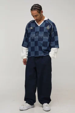 T-Shirt de Football en Denim à Carreaux Effet Superposition Coupe Ample Oversize
