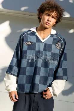 T-Shirt de Football en Denim à Carreaux Effet Superposition Coupe Ample Oversize