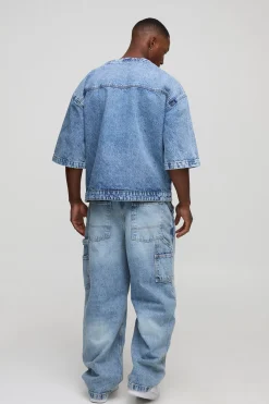 T-shirt de hockey en denim surdimensionné, coupe carrée et col en V