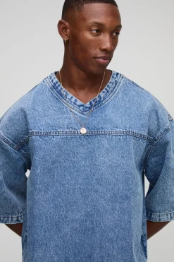 T-shirt de hockey en denim surdimensionné, coupe carrée et col en V