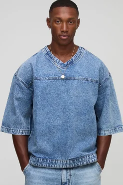 T-shirt de hockey en denim surdimensionné, coupe carrée et col en V
