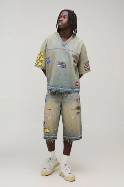 boohooMAN T-Shirt Denim Délavé Surdimensionné avec Badge Moto Hocket<Homme Ensembles|Denim