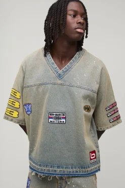 boohooMAN T-Shirt Denim Délavé Surdimensionné avec Badge Moto Hocket<Homme Ensembles|Denim