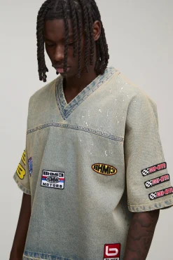 boohooMAN T-Shirt Denim Délavé Surdimensionné avec Badge Moto Hocket<Homme Ensembles|Denim