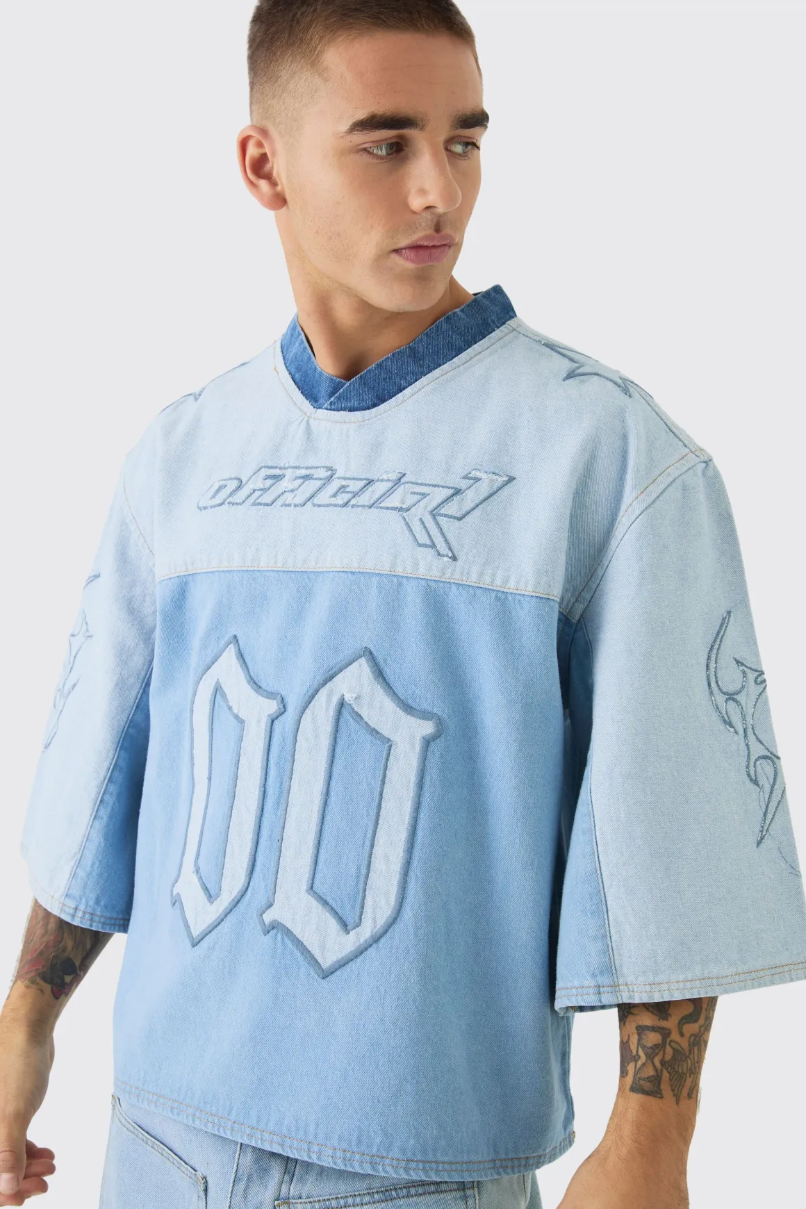 T-Shirt Denim Oversize à Broderie Football