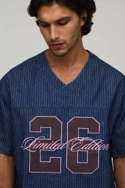 T-shirt Denim Varsity Surdimensionné À Rayures Tennis Col V