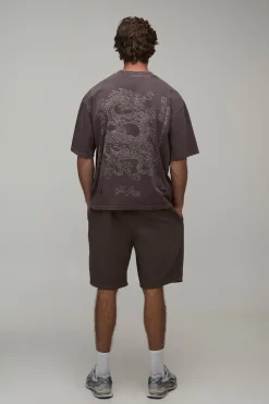 T-shirt Délavé Chocolat Oversize Ample À Imprimé Dragon Effet Usé