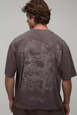 T-shirt Délavé Chocolat Oversize Ample À Imprimé Dragon Effet Usé