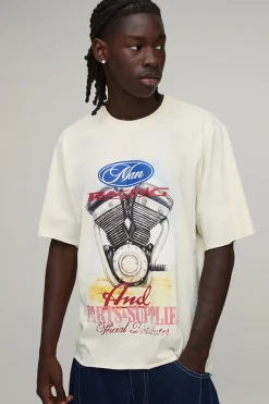 T-shirt Délavé À Imprimé Moteur De Voiture Coupe Regular Grande Taille