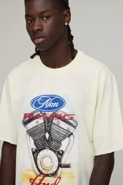 T-shirt Délavé À Imprimé Moteur De Voiture Coupe Regular Grande Taille