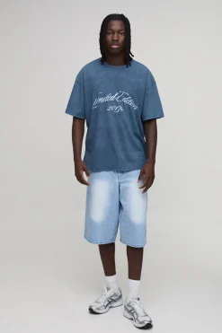 T-shirt Délavé Neige Oversize À Imprimé Édition Limitée Bleu