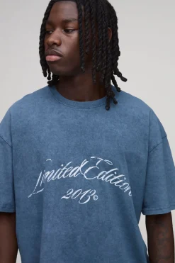 T-shirt Délavé Neige Oversize À Imprimé Édition Limitée Bleu