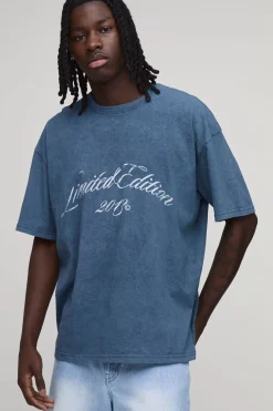 T-shirt Délavé Neige Oversize À Imprimé Édition Limitée Bleu